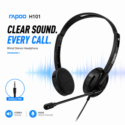 Rapoo H101 Wired Stereo Headphone (Black) – Lightweight On-Ear Headset with High-Quality Stereo Sound, Flexible Rotary Microphone, 3.5mm Jack & 1-Year Warranty